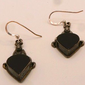 Vintage Large Black Onyx Teardrop Sterling Silver Dangle Earrings Signed IG